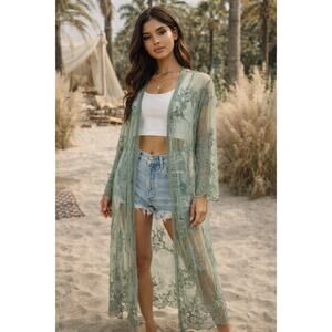 Sage Green Sheer Lace Kimono Duster Maxi Cardigan Boho Festival Layering M/L